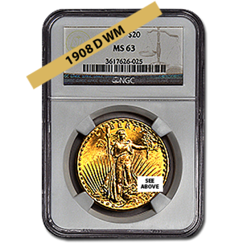 Picture of 1908DWM $20 Gold Saint Gaudens Double Eagle Coin MS63